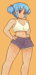 Rule 34 | 1girl, blue hair, blue shorts, breasts, cleavage, collarbone, crop top, dozo gon, hands on own hips, highres, looking at viewer, naganohara mio, navel, nichijou, shirt, short hair, short twintails, shorts, sidelocks, simple background, small breasts, smile, teeth, thighs, twintails, white shirt, yellow background
