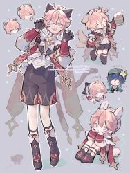 Rule 34 | 2boys, absurdres, animal ears, beer mug, black boots, black capelet, black gloves, black shorts, boots, capelet, cat boy, cat ears, chibi, chibi inset, claw pose, cup, dahlia (genshin impact), dog boy, dog ears, dog tail, genshin impact, gloves, grey background, grey eyes, hat, highres, kemonomimi mode, knee boots, long sleeves, male focus, mug, multiple boys, multiple views, one eye closed, outline, pink hair, poponnu, rabbit boy, rabbit ears, rabbit tail, red sleeve cuffs, shirt, short hair, shorts, simple background, sleeve cuffs, smile, tail, tail wagging, tassel, venti (genshin impact), white hat, white shirt