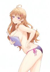 Rule 34 | 1girl, bikini, blush, book on breasts, breasts, brown hair, hair ornament, hairclip, hitorilily, konoe kanata, large breasts, long hair, looking at viewer, love live!, love live! nijigasaki high school idol club, purple bikini, purple eyes, smile, solo, swimsuit, topless female, white background