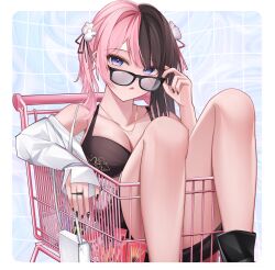 1girl absurdres alternate_costume bag black_bra black_nails blue_eyes border bra breasts brown_hair cleavage food glasses grid_background highres in_shopping_cart iris_black_games jewelry long_hair multicolored_hair multiple_rings necklace off_shoulder open_mouth outside_border parted_bangs pink_hair pocky ring shirt shopping_cart shoulder_bag simoxia solo split-color_hair tachibana_hinano twintails two-tone_hair underwear virtual_youtuber vspo! white_border white_shirt