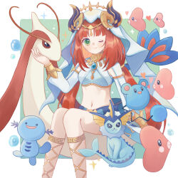 Rule 34 | 1girl, arri (arrihare), azurill, bracer, brooch, circlet, dancer, fake horns, feet out of frame, gen 1 pokemon, gen 2 pokemon, gen 3 pokemon, genshin impact, gladiator sandals, gold bracer, green eyes, harem outfit, highres, horns, jewelry, long hair, long sleeves, low twintails, luvdisc, midriff, milotic, navel, nilou (genshin impact), nintendo, one eye closed, parted bangs, pokemon, pokemon (creature), red hair, sandals, sidelocks, sitting, twintails, vaporeon, veil, white veil, wooper