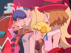 1boy 5girls absurdres blonde_hair blue_eyes blue_hair bonnie_(pokemon) brown_hair brown_shirt clenched_teeth commentary_request from_side green_eyes grey_shirt hat highres hitsugi_mc korrina_(pokemon) miette_(pokemon) multiple_girls nintendo open_mouth pink_shirt pokemon pokemon_(anime) pokemon_xy_(anime) red-framed_eyewear serena_(pokemon) shauna_(pokemon) shirt short_hair spotlight sunglasses sweat team_flare teeth xerosic_(pokemon)