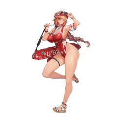 Rule 34 | 1girl, ahoge, ankle strap, arm strap, armband, armpits, bag, benevolent leanne, bracelet, braid, breasts, cleavage, closed mouth, collarbone, covered navel, cross, earrings, english text, eyewear on headwear, feet, full body, green eyes, groin, hat, heart, highleg, highleg one-piece swimsuit, highres, holding, holding bag, hoop earrings, jewelry, large breasts, last origin, legs, lifeguard, linea alba, long hair, looking at viewer, multiple bracelets, nail polish, no entry sign, o-ring, o-ring swimsuit, official alternate costume, official art, one-piece swimsuit, orange hair, pink nails, pouch, red armband, red hat, red one-piece swimsuit, road sign, sandals, shoulder bag, sign, simple background, single braid, skindentation, skull, smile, smiley face, solo, standing, standing on one leg, star (symbol), sticker, stop sign, sunglasses, sweat, swimsuit, tachi-e, tan, tanline, thigh pouch, third-party source, toenails, toes, transparent background, tunamayo (dsasd751), visor cap, whistle, whistle around neck, white armband, white hat, white sandals