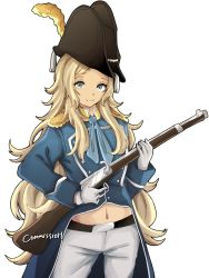 1girl alternate_costume belt bicorne blonde_hair blue_coat blue_eyes coat cosette_valjean fire_emblem gun hat highres musket navel nintendo ophelia_(fire_emblem) pants banner_of_the_maid solo villager_c weapon white_pants