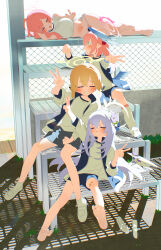 Rule 34 | &lt;|&gt; &lt;|&gt;, 4girls, absurdres, angel wings, azusa (blue archive), bandaid on thigh, barefoot, bikini, bikini bottom only, blonde hair, blue archive, blue shorts, bm tol, breasts, closed eyes, closed mouth, double v, facing viewer, feet, flower, full body, green eyes, grey hair, gym shorts, gym uniform, hair between eyes, hair flower, hair ornament, halo, hanako (blue archive), head wings, hifumi (blue archive), highres, jacket, koharu (blue archive), large breasts, long hair, looking at another, loose socks, low wings, lying, make-up work club (blue archive), multiple girls, no pants, on side, open clothes, open jacket, open mouth, outdoors, pink hair, pink halo, pointing, purple flower, shirt, shoes, short shorts, shorts, side-tie bikini bottom, sitting, smile, socks, soles, striped bikini, striped clothes, swimsuit, teeth, thigh gap, toes, track jacket, unworn shoes, v, white footwear, white shirt, white socks, white wings, wing ornament, wings, yellow halo