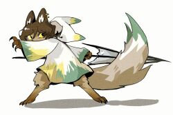 1girl aislan animal_ears animal_hands brown_fur brown_hair claws coat e.g.o_(project_moon) earrings fox_ears fox_girl fox_tail full_body furry furry_female green_fur holding holding_umbrella jewelry limbus_company long_sleeves looking_at_viewer outis_(project_moon) project_moon raincoat short_hair simple_background solo standing sunshower_(e.g.o) tail umbrella white_background white_coat yellow_eyes
