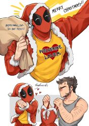 2boys anger_vein arm_hair bara beard blush brown_hair christmas clothes_writing commentary deadpool deadpool_&amp;_wolverine deadpool_(series) dreaming_oor dress english_commentary english_text facial_hair fur-trimmed_dress fur-trimmed_jacket fur_trim gift gloves hat heart heart_print highres holding holding_sack holding_unworn_clothes holding_unworn_dress interlocked_fingers jacket long_sleeves male_focus marvel marvel_cinematic_universe mask merry_christmas multiple_boys muscular muscular_male own_hands_together pants pectorals red_dress red_jacket red_mask red_pants sack santa_costume santa_hat scar scars_all_over shirt sparkle tank_top too_many translation_request unworn_dress wolverine_(x-men) x-men yaoi yellow_shirt