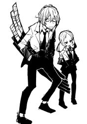 Rule 34 | 2boys, borr, constricted pupils, dowman sayman, formal clothes, gridman universe, hands in pockets, height difference, highres, low twintails, monochrome, multiple boys, multiple swords, samurai calibur, short hair, slouching, ssss.gridman, sword, twintails, weapon