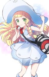 1girl bag blonde_hair blue_boots blue_dress blue_hat boots braid closed_mouth collarbone commentary cowboy_shot dress duffel_bag flat_chest floating_hair fold-over_boots green_eyes hand_on_own_hat hat highres holding holding_poke_ball knee_boots leaning_forward lillie_(pokemon) long_hair nintendo poke_ball poke_ball_(basic) poke_ball_theme pokemon pokemon_sm sharumon short_bangs shoulder_bag simple_background sleeveless sleeveless_dress smile solo standing straight_hair sun_hat twin_braids white_background