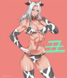 Rule 34 | 1girl, animal ears, animal print, bikini, blue eyes, blush, breasts, chinese zodiac, cleavage, collar, cow ears, cow horns, cow print, cow print bikini, cow print gloves, cow print thighhighs, dark-skinned female, dark skin, elbow gloves, elma (xenoblade x), gloves, gluteal fold, hand on own hip, highres, horns, large breasts, looking at viewer, parted lips, print bikini, print gloves, print thighhighs, swimsuit, thighhighs, uya (yurukah), white hair, xenoblade chronicles (series), xenoblade chronicles x, year of the ox