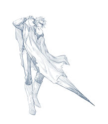 1boy animal animal_on_shoulder belt boots cloak e.g.o_(project_moon) es_limbus fox full_body heathcliff_(project_moon) highres holding holding_umbrella hood hooded_cloak korean_commentary limbus_company long_sleeves looking_at_animal male_focus monochrome necktie pants project_moon scar scar_on_face short_hair solo standing sunshower_(e.g.o) technology_liberation_alliance_(identity)_(project_moon) torn_clothes umbrella