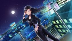 Rule 34 | 1girl, black hair, black jacket, black pants, black shirt, blue eyes, breasts, chuunibyou, denim, dolphin wave, dutch angle, feet out of frame, from behind, full moon, game cg, glowing, glowing eye, hand over eye, heterochromia, highres, jacket, jeans, kurose minami, large breasts, leather, leather jacket, long hair, looking at viewer, moon, night, non-web source, official art, ootomo takuji, pants, shirt, solo, torn clothes, torn jeans, torn pants