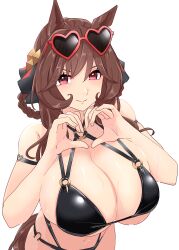 1girl absurdres alternate_costume animal_ears bikini black_bikini braid braided_hair_rings brown_hair commentary_request criss-cross_halter eyewear_on_head from_above gentildonna_(umamusume) hair_rings halterneck heart heart-shaped_eyewear heart_hands highres horse_ears horse_girl horse_tail horseshoe_ornament kouma_(kumkouma) navel o-ring o-ring_bikini o-ring_top simple_background smile solo stomach sunglasses swimsuit tail umamusume white_background