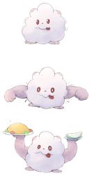 animal_focus boke-chan clenched_hands closed_mouth colored_sclera creatures_(company) food fruit full_body game_freak gen_6_pokemon holding holding_food holding_plate looking_to_the_side melon melon_slice multiple_views nintendo no_humans omelet omurice plate pokemon pokemon_(creature) pokemon_mystery_dungeon red_sclera simple_background standing steam swirlix tongue tongue_out trembling wavy_mouth what white_background white_eyes