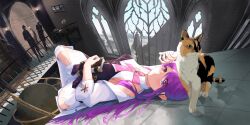 1girl 4boys absurdres aether_sage_(elsword) aisha_landar bare_shoulders book calico_(pattern) calico_cat cat coat elsword globe highres holding holding_book long_hair looking_at_viewer multiple_boys on_floor purple_hair reflective_floor siamese_cat solo_focus toridet townscape window