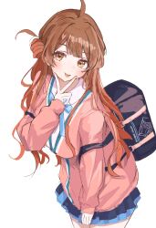 1girl :p ahoge alternate_hairstyle bag blue_overskirt blue_ribbon blue_skirt blush breasts brown_cardigan cardigan commentary_request gakuen_idolmaster gyaru hanami_ume hatsuboshi_gakuen_school_uniform highres idolmaster kogal long_hair long_sleeves looking_at_viewer maruno_zzz medium_breasts neck_ribbon pleated_skirt ribbon school_bag school_uniform shirt simple_background skirt smile solo thighs tongue tongue_out v v_over_mouth very_long_hair white_background white_shirt