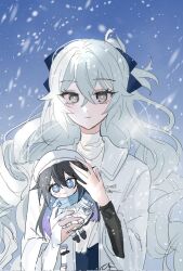 Rule 34 | 1girl, beret, black hair, blue eyes, blue ribbon, bright pupils, bronya zaychik, character doll, grey eyes, grey hair, hair ribbon, hat, holding, holding stuffed toy, honkai (series), honkai impact 3rd, jacket, kie0x, ribbon, seele vollerei, shirt, snow, stuffed toy, turtleneck, turtleneck shirt, upper body, white hat, white jacket, white shirt