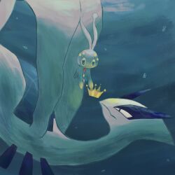 absurdres animal_focus artist_name blue_background blue_eyes blue_theme bubble chest_jewel closed_mouth creatures_(company) crown dot_mouth eye_contact from_side game_freak gem gen_2_pokemon gen_4_pokemon glowing highres legendary_pokemon looking_at_another looking_down looking_up lugia manaphy mythical_pokemon nintendo no_humans pokemon pokemon_(creature) profile red_gemstone sazanami_(rsrm1) signature size_difference underwater upside-down yellow_headwear