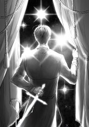 Rule 34 | arm behind back, black hair, coat, curtains, fringe trim, full body, glint, greyscale, highres, holding, holding sword, holding weapon, kim dokja, monochrome, omniscient reader&#039;s viewpoint, raya (000 unseen), rope, short hair, sparkle, sword, weapon, white coat