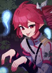 1girl ahoge belt black_belt black_sleeve_cuffs bow buttons commentary_request drill_hair fin_gocco hair_bow hair_ribbon hands_up highres hitodama jacket kasane_teto kasane_teto_(sv) layered_sleeves outdoors plant red_eyes red_hair ribbon shoulder_belt shoulder_boards solo striped_clothes striped_jacket synthesizer_v tongue tongue_out twin_drills utau white_bow white_ribbon