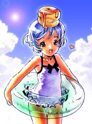 :d bisuke-tan blue_hair bow casual_one-piece_swimsuit frilled_swimsuit frills heart innertube kfc nekomata_naomi nekomataya object_on_head one-piece_swimsuit open_mouth short_hair smile solo sparkle sun swim_ring swimsuit thigh_gap thighs