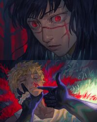 Rule 34 | 1boy, 1girl, blonde hair, blood, chainsaw man, closed mouth, denji (chainsaw man), facial scar, grass, hieumay, long hair, nosebleed, red eyes, ringed eyes, scar, scar on cheek, scar on face, short hair, tank top, tree, white tank top, yoru (chainsaw man)