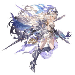 1girl apc556_(girls&#039;_frontline) armored_boots blue_eyes boots chinese_commentary commentary_request dual_wielding floating_hair flower full_body gauntlets girls&#039;_frontline hair_flower hair_ornament helmet high_heels highres holding holding_polearm holding_weapon knight lily_(flower) long_hair looking_at_viewer official_alternate_costume official_art polearm satsuya simple_background solo tachi-e very_long_hair weapon white_flower white_hair winged_helmet