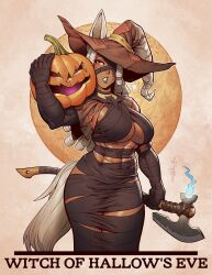 1girl absurdres axe brown_hat dark-skinned_female dark_skin english_text hat highres holding holding_axe jack-o&#039;-lantern joseph_virtuoso long_hair looking_at_viewer original red_eyes white_hair witch_hat