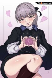 Rule 34 | 1girl, absurdres, black cape, black ribbon, black skirt, black vest, blannis, blush, brown socks, cape, eyebrows hidden by hair, eyelashes, feet out of frame, female focus, gradient background, grey eyes, grey hair, grin, hair ribbon, half updo, heart, heart hands, highres, lapwing (vrchat), lips, long hair, long sleeves, looking at viewer, matching hair/eyes, naughty face, parted lips, pink background, ponytail, ribbon, shirt, simple background, sitting, skirt, smile, socks, solo, teeth, thick thighs, thighs, two-tone background, vest, vrchat, white shirt