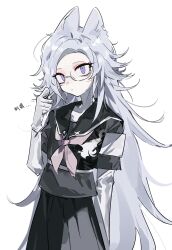 Rule 34 | 1girl, ac warlock, animal ears, aotsuki eito, arm up, armband, black serafuku, black skirt, bow, eyeliner, genderswap, genderswap (mtf), glasses, gloves, highres, hole in chest, hole on body, kemonomimi mode, last defense academy school uniform, looking at viewer, makeup, pink bow, purple eyes, red eyeliner, school uniform, serafuku, simple background, skirt, solo, the hundred line -last defense academy-, white armband, white gloves