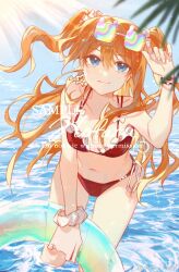 1girl alternate_costume arm_up bikini blue_eyes breasts chinese_commentary closed_mouth commentary_request cowboy_shot curvy day fingernails frilled_bikini frills highres holding holding_swim_ring hotaru_gugugu innertube light_particles light_rays long_hair looking_at_viewer navel neon_genesis_evangelion orange_hair outdoors red_bikini sample_watermark shiny_skin smile solo souryuu_asuka_langley standing sunlight swim_ring swimsuit wading water watermark weibo_watermark wide_hips