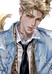 1boy absurdres animal_ears animal_print aqua_jacket black_necktie blonde_hair cat_boy cat_ears cat_tail ddc28uix ear_piercing fang grey_eyes highres jacket jewelry leopard_print looking_at_viewer male_focus necklace necktie nose open_mouth original parted_bangs piercing scar scar_on_face scarf shirt short_hair solo tail teeth upper_body white_shirt