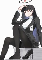 1girl absurdres awmin black_hair black_jacket black_pantyhose black_shoes blazer blue_archive breasts hair_ornament hairclip halo high_heels highres jacket large_breasts long_hair looking_at_viewer pantyhose red_eyes rio_(blue_archive) shoes sitting solo sweater turtleneck turtleneck_sweater unworn_shoe white_sweater