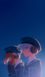 Rule 34 | 2girls, black neckerchief, blue dress, blue eyes, blue hat, blue sailor collar, blue sky, breath, brown eyes, brown hair, dress, earmuffs, from side, grey hair, hai (haihki), hat, highres, kantai collection, long sleeves, mittens, multiple girls, neckerchief, own hands together, sailor collar, sailor dress, short hair, sky, upper body, z1 leberecht maass (kancolle), z3 max schultz (kancolle)