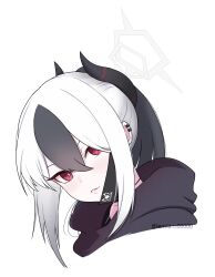Rule 34 | 1girl, black hair, black hoodie, black horns, black mask, blue archive, blush, commentary request, cropped shoulders, demon horns, ear piercing, grey halo, hair between eyes, halo, highres, hood, hood down, hoodie, horns, kayoko (blue archive), lenslans, looking at viewer, mask, mask pull, mouth mask, piercing, red eyes, sidelocks, simple background, smirk, solo, twitter username, white background, white hair