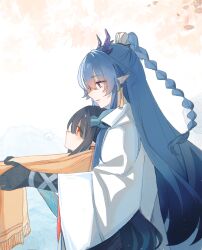 2girls absurdres arknights black_hair blue_eyes blue_hair braid chinese_commentary closed_mouth colored_extremities commentary_request dragon_girl dragon_horns dusk_(arknights) earrings fringe_trim from_side highres horns jacket jewelry light_particles ling_(arknights) long_hair long_sleeves multicolored_hair multiple_girls orange_eyes parted_lips pointy_ears profile scarf shang_ge_promax siblings sisters streaked_hair white_jacket yellow_scarf yuri