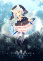 1girl animal_ears between_breasts black_boots black_dress black_hat boots breasts cat_ears copyright_name dress full_body hat holding holding_wand kohara_mihiro long_hair long_sleeves necktie necktie_between_breasts pixiv_fantasia pixiv_fantasia_last_saga small_breasts solo standing very_long_hair wand white_hair yellow_eyes