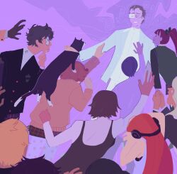 5girls 6+boys akechi_gorou amamiya_ren animal black_gloves black_hair black_jacket blonde_hair blue_hair bow brown_hair cat closed_eyes coat glasses gloves green_sweater grey_hair hair_bow hair_ornament hand_on_own_chin headphones high_ponytail highres jacket kitagawa_yuusuke long_hair maruki_takuto medium_hair morgana_(cat)_(persona_5) morgana_(persona_5) multiple_boys multiple_girls niijima_makoto okumura_haru orange_hair orange_sweater own_hands_clasped own_hands_together pants pantyhose persona persona_5 persona_5_the_royal plaid_clothes plaid_skirt ponytail purple_background purple_theme reaching reaching_towards_another rectangular_eyewear red_hair round_eyewear rubbing_eyes sakamoto_ryuuji sakura_futaba school_uniform shegnanny shirt short_hair skirt smile staring sweater very_short_hair white_coat white_pants white_shirt yoshizawa_kasumi