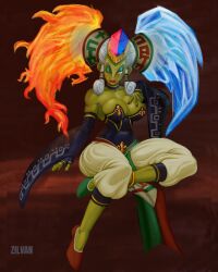 Rule 34 | 1girl, absurdres, artist name, bare shoulders, breasts, choker, cleavage, colored skin, detached sleeves, eyeshadow, female focus, full body, fusion, green skin, highres, large breasts, lipstick, long hair, makeup, mature female, nail polish, nintendo, one eye closed, sitting, solo, the legend of zelda, the legend of zelda: ocarina of time, twinrova, twintails, white hair, yellow eyes, zilvan