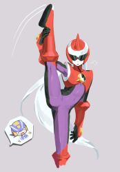 2boys absurdres armor assault_visor black_bodysuit bodysuit clapping cowboy_shot grey_background grey_hair helmet highres jinsu_exe long_hair male_focus mega_man_(series) mega_man_battle_network_(series) megaman.exe multiple_boys netnavi protoman.exe purple_bodysuit red_armor red_helmet simple_background solo_focus split standing standing_on_one_leg standing_split two-tone_bodysuit