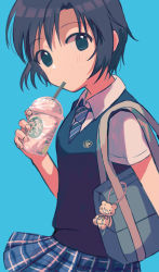 1girl absurdres bag bag_charm black_eyes black_hair black_hairband blue_background blue_skirt blue_sweater_vest blush breasts charm_(object) commentary cup disposable_cup dress_shirt drink drinking drinking_straw frappuccino hairband highres holding holding_drink idolmaster idolmaster_(classic) idolmaster_million_live! idolmaster_million_live!_theater_days kikuchi_makoto looking_at_viewer looking_to_the_side miyagi necktie no_pupils plaid_clothes plaid_skirt pleated_skirt school_bag school_uniform shirt short_hair short_sleeves simple_background skirt small_breasts solo striped_neckwear stuffed_animal stuffed_toy summer_highschool_(idolmaster) summer_uniform_series_(idolmaster) sweater_vest teddy_bear tomboy upper_body white_shirt