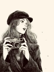 Rule 34 | 1girl, camera, deerstalker, greyscale, hat, highres, holding, holding camera, long hair, long sleeves, looking to the side, monochrome, original, solo, tp p pt, upper body