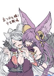 2girls absurdres animal_ears backless_outfit braid double_fox_shadow_puppet endakn3 erune fang fox_shadow_puppet fraux granblue_fantasy grey_hair highres long_hair multiple_girls post_guild_war_celebration purple_hair simple_background teeth upper_teeth_only white_background yuel_(granblue_fantasy) yuel_(water)_(granblue_fantasy)