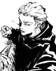 Rule 34 | 1boy, black jacket, clenched hand, ear piercing, earrings, eyebrow cut, facial hair, fighting, fighting stance, hakari kinji, highres, hood, hood down, incoming attack, incoming punch, jacket, jewelry, jujutsu kaisen, jujutsu tech uniform, light smile, looking at viewer, male focus, mature male, monochrome, mustache stubble, n9c4z, one eye in shadow, open clothes, oversized clothes, parted lips, piercing, punching, short hair, simple background, sketch, solo, stubble, upper body, white background