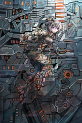 1girl armor cyberpunk energy_cannon female_focus floating headgear light_purple_hair looking_at_viewer looking_back machinery mecha mecha_musume original power_armor power_suit purple_eyes robot science_fiction solo sonidoriy