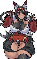 Rule 34 | 1girl, absurdres, alternate breast size, animal ear fluff, animal ears, barcode, barcode tattoo, bare shoulders, bell, black gloves, black hair, black tail, black thighhighs, breasts, bridal gauntlets, cable, cable tail, cat ears, cat girl, cat tail, corset, covered navel, cowboy shot, cropped, dark-skinned female, dark skin, detached sleeves, facial mark, forehead mark, forehead tattoo, full body, gloves, grin, hair ribbon, hairband, highres, large breasts, long hair, long sleeves, looking at viewer, mechanical tail, mold (pixiv6616319), multiple tails, neck bell, nekomiya mana, red corset, red eyes, red hairband, red ribbon, red sleeves, ribbon, shorts, simple background, skindentation, smile, solo, standing, standing on one leg, tail, tattoo, thick thighs, thighhighs, thighs, two tails, white background, zenless zone zero