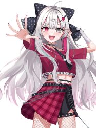 Rule 34 | 1girl, :d, absurdres, bandaged arm, bandages, belt, belt buckle, black belt, black bow, black gloves, black necktie, black shorts, bow, buckle, cowboy shot, crop top, earrings, fingerless gloves, fishnet pantyhose, fishnets, floating hair, gloves, grey eyes, hair bow, half-skirt, heterochromia, highres, ishigami nozomi, jewelry, long hair, looking at viewer, midriff, misofu illust, nail polish, navel, necktie, nijisanji, open mouth, outstretched arm, outstretched hand, pantyhose, pantyhose under shorts, plaid clothes, plaid skirt, pleated skirt, polka dot, polka dot bow, red eyes, red nails, red shirt, red skirt, shirt, short sleeves, shorts, simple background, single glove, skirt, smile, solo, standing, stomach, very long hair, virtual youtuber, white background, white hair, white polka dots