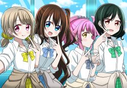 4girls :d :q ahoge black_choker blue_bow blue_bowtie blue_scrunchie blue_skirt blue_sky blush bow bowtie breasts brown_cardigan bubble_tea cardigan cardigan_around_waist choker closed_mouth clothes_around_waist cloud collarbone commentary_request cup day drinking drinking_straw drinking_straw_in_mouth fang finger_gun green_bow green_bowtie green_hair green_skirt grey_bow grey_bowtie grey_cardigan grey_skirt gyaru hair_ornament hair_scrunchie heart heart_choker highres holding holding_cup hot_heartlove index_finger_raised indoors inward_v kishimen_hair kogal looking_at_viewer loose_bowtie love_live! love_live!_nijigasaki_high_school_idol_club low_twintails medium_breasts medium_hair mifune_shioriko multiple_girls nakasu_kasumi official_alternate_costume open_mouth orange_eyes osaka_shizuku pink_hair plaid_bow plaid_bowtie plaid_clothes plaid_scrunchie plaid_skirt pleated_skirt ponytail profile scrunchie short_hair short_twintails sidelocks skirt sky small_breasts smile tennoji_rina tongue tongue_out twintails v window yellow_bow yellow_bowtie yellow_cardigan yellow_eyes yellow_scrunchie yellow_skirt