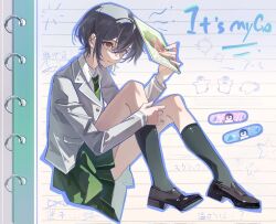 1girl baby_penguin bandaid bang_dream! bang_dream!_it&#039;s_mygo!!!!! bird black_shoes black_socks blazer blue_outline buttons chinese_commentary closed_mouth collared_shirt commentary_request english_text floating full_body green_necktie green_skirt grey_hair grey_jacket hair_between_eyes hand_on_own_leg haneoka_school_uniform highres holding holding_notebook jacket kneehighs knees_up koko52ay lapels lined_paper loafers long_sleeves looking_at_viewer miniskirt necktie notched_lapels notebook object_on_head outline paper_background penguin penguin_print pleated_skirt print_bandaid red_eyes school_uniform shirt shoes short_hair skirt socks solo star_(symbol) striped_necktie takamatsu_tomori translation_request white_shirt winter_uniform wire_binding