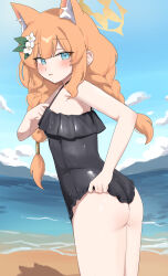 1girl absurdres animal_ear_fluff animal_ears ass black_one-piece_swimsuit blue_archive braid casual_one-piece_swimsuit d_(delt4) flower frilled_one-piece_swimsuit frills from_side hair_flower hair_ornament halo highres looking_at_viewer low_twin_braids mari_(blue_archive) mari_(swimsuit)_(blue_archive) official_alternate_costume one-piece_swimsuit orange_hair solo swimsuit twin_braids white_flower yellow_halo